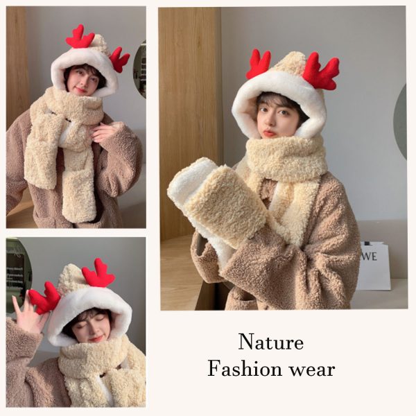 3-in-1 multifunctional plush hat, winter warm plush hat, scarf pocket hat with scarf, deer Christmas bib, pocket gloves with scarf, gloves, hoodie, earmuffs - Image 4