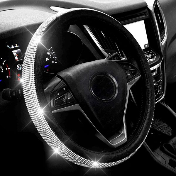 New Diamond Leather Steering Wheel Cover with Bling Bling Crystal Rhinestones, Universal Fit 15 Inch Car Wheel Protector for Women Girls