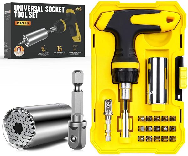 Stocking Stuffers Gifts for Men Cool Stuff Magnetic Ratchet Screwdriver Set with Power Drill Adapter, Super Universal Socket Grip Gadgets for Men Women Dad Husband Boyfriend