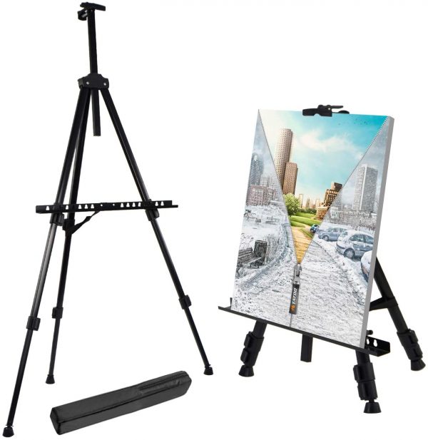 T-Sign 66" Reinforced Artist Easel Stand, Extra Thick Aluminum Metal Tripod Display Easel 21" to 66" Adjustable Height with Portable Bag for Floor/Table-Top Drawing and Displaying