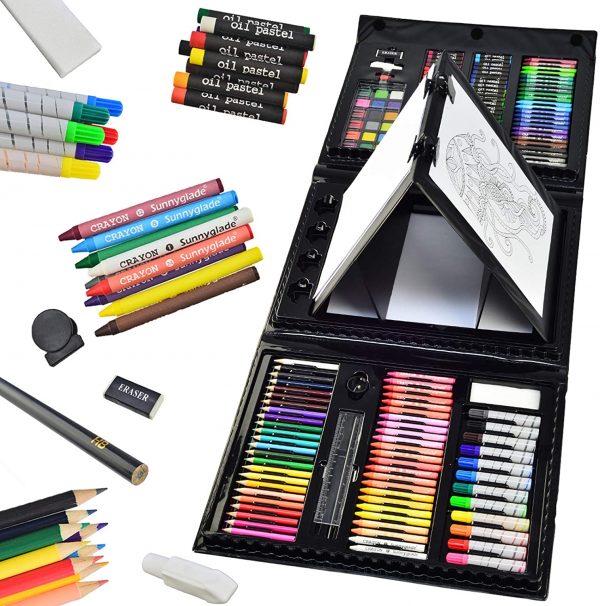 Sunnyglade 185 Pieces Double Sided Trifold Easel Art Set, Drawing Art Box with Oil Pastels, Crayons, Colored Pencils, Markers, Paint Brush, Watercolor Cakes, Sketch Pad