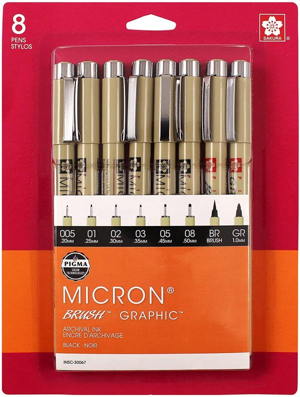 Sakura Pigma 30067 Micron Blister Card Ink Pen Set, Black, 8/Set