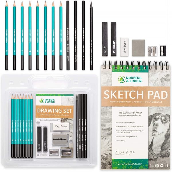 Norberg & Linden Drawing Set - Sketching and Charcoal Pencils - 100 Page Drawing Pad, Kneaded Eraser. Art Kit and Supplies for Kids, Teens and Adults, Sketch Set