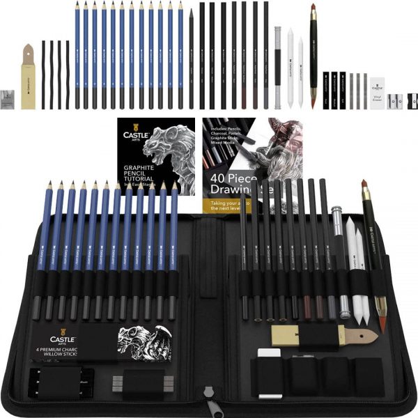 Castle Art Supplies Graphite Drawing Pencils and Sketch Set (40-Piece Kit), Complete Artist Kit Includes Charcoals, Pastels and Zippered Carry Case, Includes Rare Pop-Up Stand