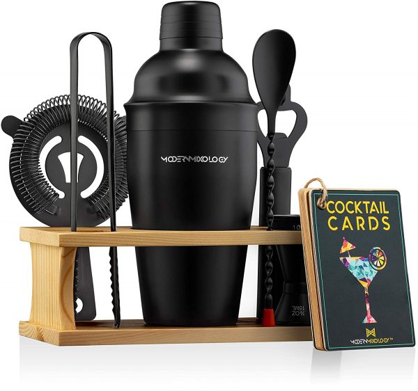 Mixology Bartender Kit with Stand | Black Bar Set Cocktail Shaker Set for Drink Mixing - Bar Tools: Martini Shaker, Jigger, Strainer, Bar Mixer Spoon, Tongs, Opener | Best Bartender Kit for Beginners