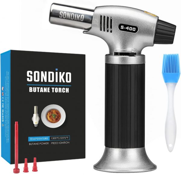 Sondiko Butane Torch, Refillable Kitchen Torch Lighter, Fit All Butane Tanks Blow Torch with Safety Lock and Adjustable Flame for Desserts, Creme Brulee, BBQ, and Baking—Butane Gas Is Not Included