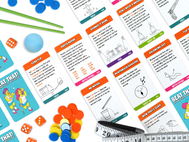 Game cards from Beat That! board game for families with kids. Includes 160 playing cards.