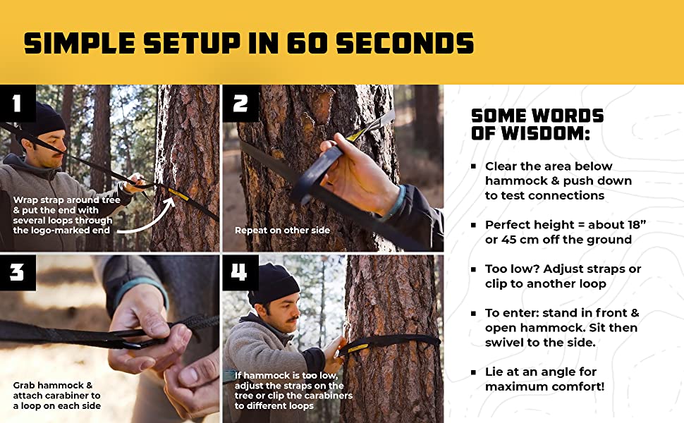 Simple setup in 60 seconds installation outdoors straps trees adjustable height carabiner secure.