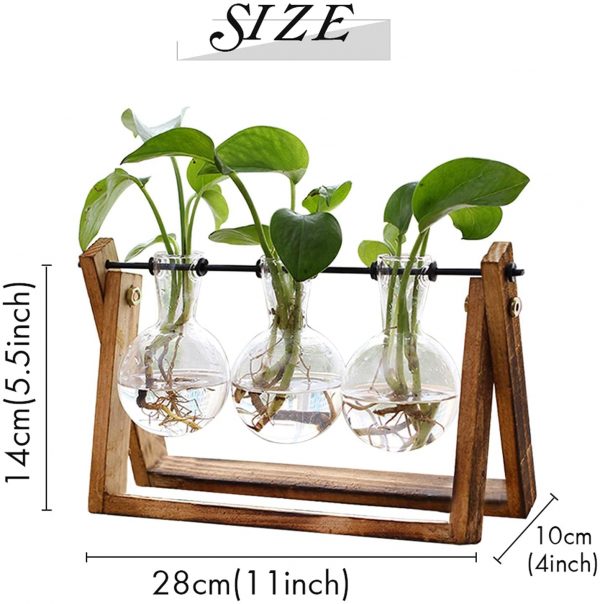 XXXFLOWER Plant Terrarium with Wooden Stand, Air Planter Bulb Glass Vase Metal Swivel Holder Retro Tabletop for Hydroponics Home Garden Office Decoration - 3 Bulb Vase - Image 2