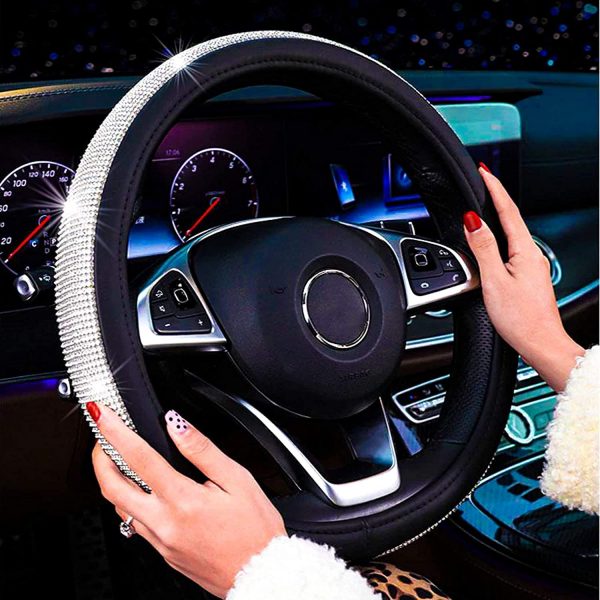 New Diamond Leather Steering Wheel Cover with Bling Bling Crystal Rhinestones, Universal Fit 15 Inch Car Wheel Protector for Women Girls - Image 2