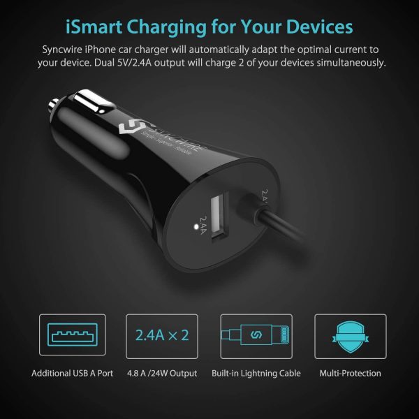 Syncwire iPhone Car Charger - Upgrade [Apple MFI Certified] 4.8A/24W Car Charging Adapter with Built-in Coiled Lightning Cable for Apple iPhone 13/12/11/Xs/XS Max/XR/X/8/7/6s/6 Plus, iPad & More - Image 2