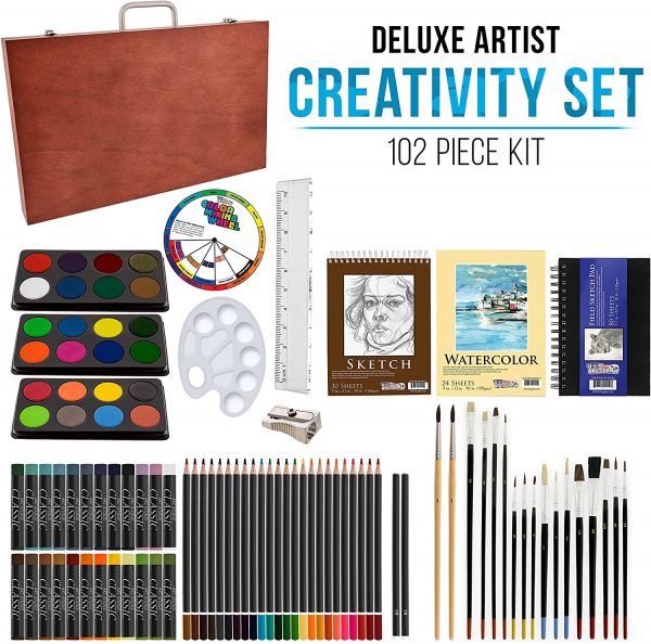 US Art Supply 82 Piece Deluxe Art Creativity Set in Wooden Case with BONUS 20 additional pieces - Deluxe Art Set - Image 2