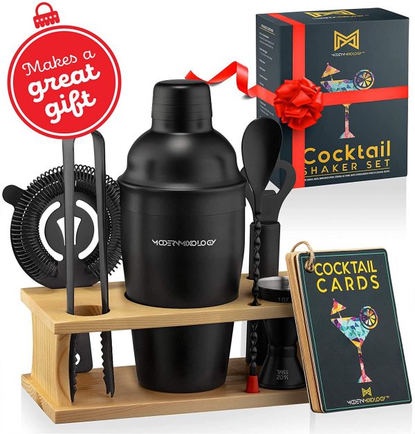 Mixology Bartender Kit with Stand | Black Bar Set Cocktail Shaker Set for Drink Mixing - Bar Tools: Martini Shaker, Jigger, Strainer, Bar Mixer Spoon, Tongs, Opener | Best Bartender Kit for Beginners - Image 2