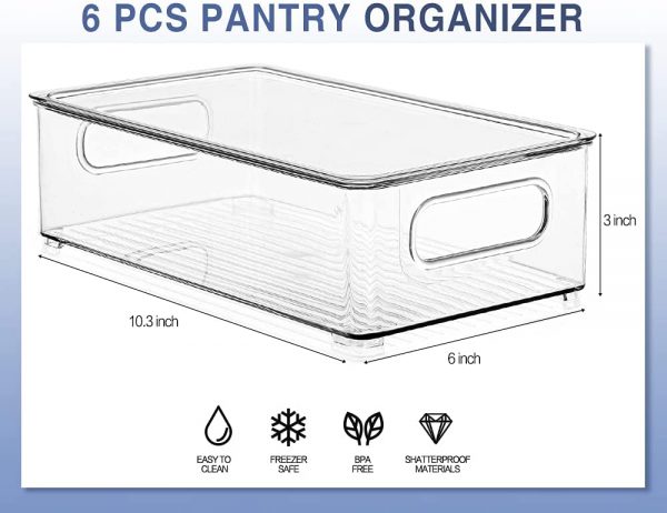 Refrigerator Organizer Bins with Lids, ESARORA 6 PACK Stackable Clear Fridge Bins with Handles For Fridge, Freezer, Kitchen Cabinet, Pantry Organization, BPA Free Freezer Organizer Bins - Image 2