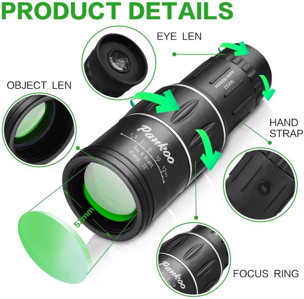 Pankoo 16X52 Monocular Telescope, High Power Prism Compact Monoculars for Adults Kids HD Monocular Scope for Bird Watching Hunting Hiking Concert Travelling - Image 2