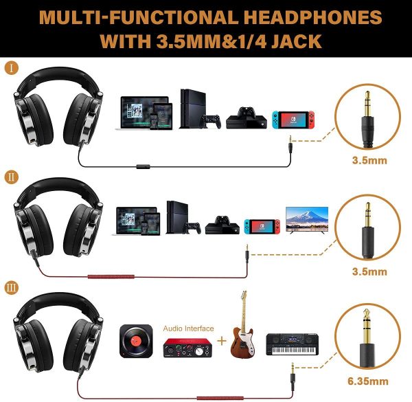 OneOdio Wired Over Ear Headphones Studio Monitor & Mixing DJ Stereo Headsets with 50mm Neodymium Drivers and 1/4 to 3.5mm Audio Jack for AMP Computer Recording Phone Piano Guitar Laptop - Black - Image 2