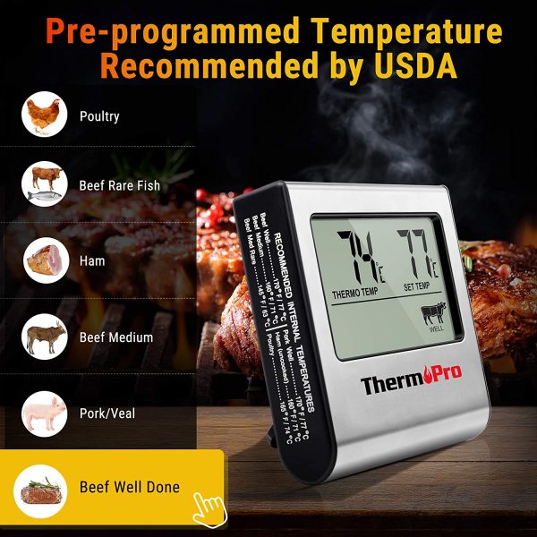 ThermoPro TP-16 Large LCD Digital Cooking Food Meat Smoker Oven Kitchen BBQ Grill Thermometer Clock Timer with Stainless Steel Probe - Image 2