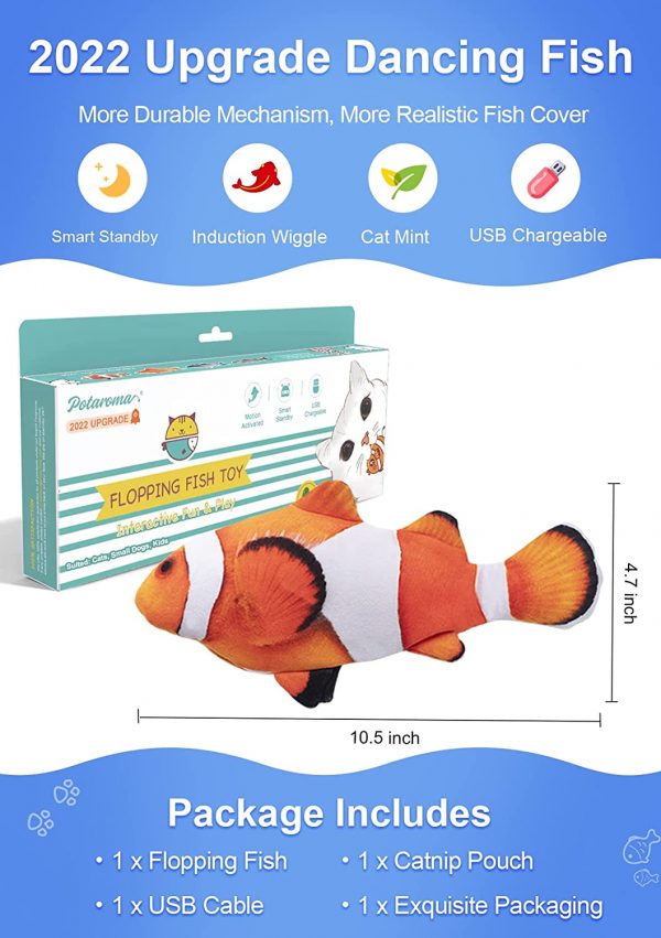 Potaroma Flopping Fish 10.5", Upgraded for 2022, Moving Cat Kicker Toy, Floppy Fish Animal Toy for Small Dogs, Wiggle Fish Catnip Toys, Motion Kitten Toy, Interactive Cat Toys for Cat Exercise - Image 2