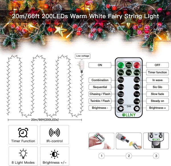 Ollny Christmas Lights, Outdoor String Lights 20m/66ft 200 LEDs Warm White Fairy Lights Mains Powered Waterproof, Xmas Tree Lights Plug in with Remote Control for Outside, Indoor, Wedding Decoration