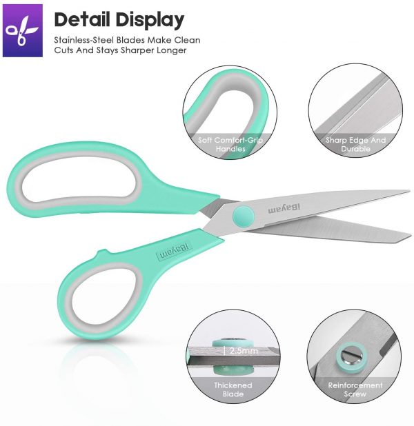 Scissors, iBayam 8" Multipurpose Scissors Bulk 3-Pack, Ultra Sharp Blade Shears, Comfort-Grip Handles, Sturdy Sharp Scissors for Office Home School Sewing Fabric Craft Supplies, Right/Left Handed - Image 7