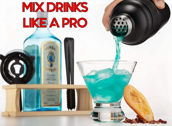 Mixology Bartender Kit with Stand | Black Bar Set Cocktail Shaker Set for Drink Mixing - Bar Tools: Martini Shaker, Jigger, Strainer, Bar Mixer Spoon, Tongs, Opener | Best Bartender Kit for Beginners - Image 7