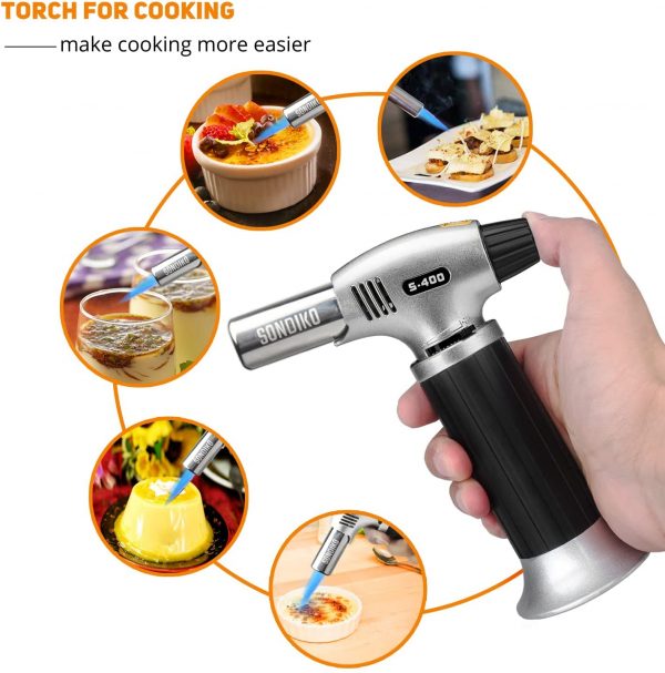 Sondiko Butane Torch, Refillable Kitchen Torch Lighter, Fit All Butane Tanks Blow Torch with Safety Lock and Adjustable Flame for Desserts, Creme Brulee, BBQ, and Baking—Butane Gas Is Not Included - Image 6