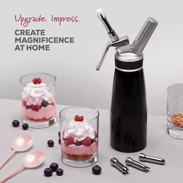 Professional Whipped-Cream Dispenser - Highly Durable Aluminum Cream Whipper, 3 Various Stainless Culinary Decorating Nozzles and 1 Brush - Whip-Cream Canister with Recipe Guide - Homemade Cream Maker - Image 2