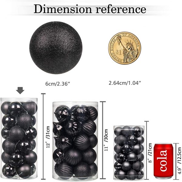 Jusdreen 24pcs 2.36"/60mm Christmas Balls Ornaments for Xmas Tree Shatterproof Christmas Tree Hanging Balls Decoration for Holiday Party Baubles Set with Hang Rope Black - Image 7