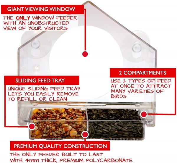 Window Bird House Feeder by Nature Anywhere with Sliding Seed Holder and 4 Extra Strong Suction Cups. Large Outdoor Birdfeeders for Wild Birds. Birdhouse Shape. - Image 8