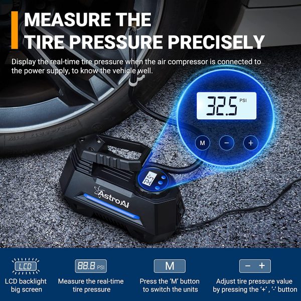 AstroAI Air Compressor Tire Inflator Portable Air Pump for Car Tires 12V DC Auto Tire Pump with Digital Pressure Gauge, 100PSI with Emergency LED Light for Car, Bicycle, Balloons and Other Inflatables - Image 8