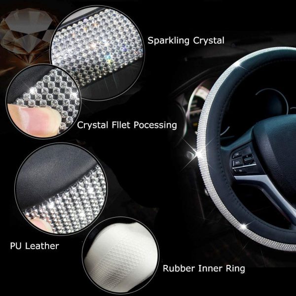 New Diamond Leather Steering Wheel Cover with Bling Bling Crystal Rhinestones, Universal Fit 15 Inch Car Wheel Protector for Women Girls - Image 6