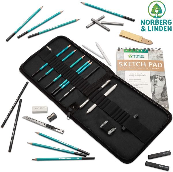 Norberg & Linden XL Drawing Set - Sketching, Graphite and Charcoal Pencils. Includes 100 Page Drawing Pad, Kneaded Eraser, Blending Stump. Art Kit and Supplies for Kids, Teens and Adults. - Image 5