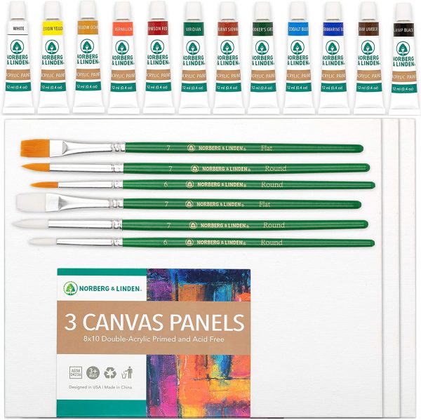 Norberg & Linden Acrylic Paint Set -12 Acrylic Paints, 6 Paint Brushes for Acrylic Painting, 3 Painting Canvas Panels - Premium Art Supplies for Adults Canvas Painting - Image 6