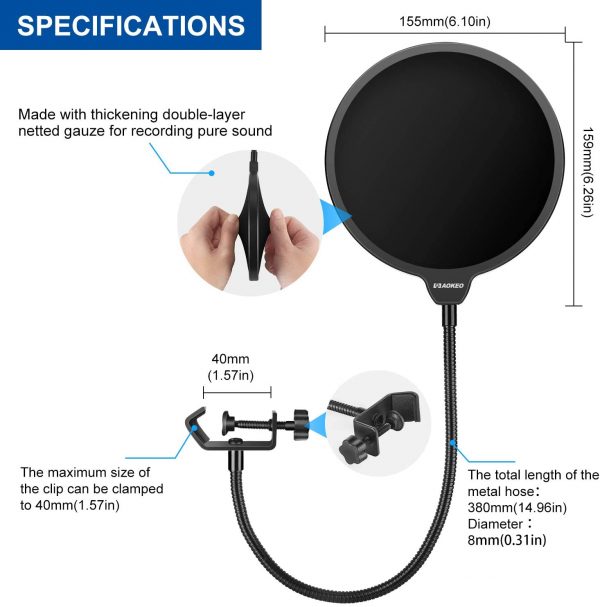 aokeo Professional Microphone Pop Filter Mask Shield For Blue Yeti and Any Other Microphone, Mic Dual Layered Wind Pop Screen With A Flexible 360° Gooseneck Clip Stabilizing Arm - Image 6