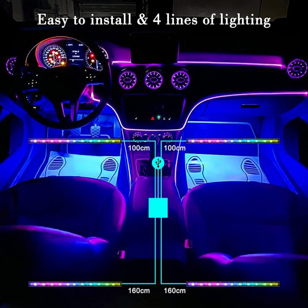 Winzwon Car Led Lights Interior 4 Pcs 48 Led Strip Light for Car with USB Port APP Control for iPhone Android Smart Phone Infinite DIY Colors Music Microphone Control - Image 4