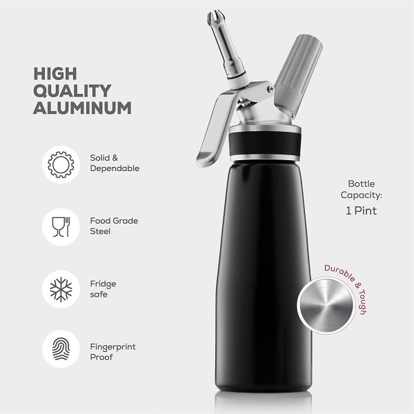 Professional Whipped-Cream Dispenser - Highly Durable Aluminum Cream Whipper, 3 Various Stainless Culinary Decorating Nozzles and 1 Brush - Whip-Cream Canister with Recipe Guide - Homemade Cream Maker - Image 5