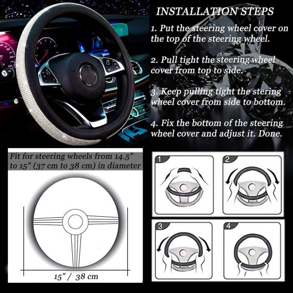 New Diamond Leather Steering Wheel Cover with Bling Bling Crystal Rhinestones, Universal Fit 15 Inch Car Wheel Protector for Women Girls - Image 4