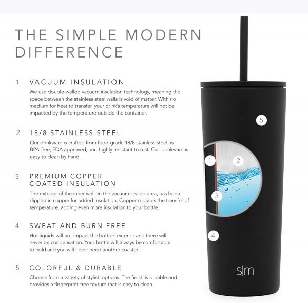 Simple Modern Classic Insulated Tumbler with Straw and Flip Lid - Stainless Steel Water Bottle Iced Coffee Travel Mug Cup 16oz (470ml) - Midnight Black - Image 7