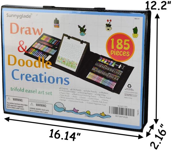 Sunnyglade 185 Pieces Double Sided Trifold Easel Art Set, Drawing Art Box with Oil Pastels, Crayons, Colored Pencils, Markers, Paint Brush, Watercolor Cakes, Sketch Pad - Image 3