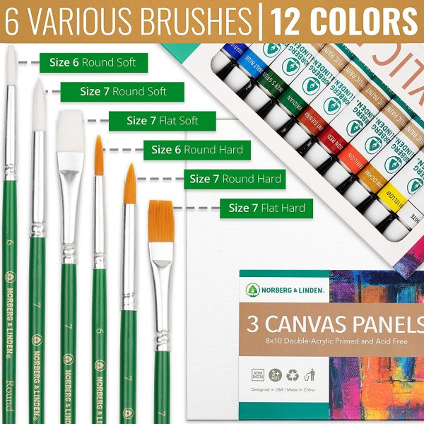 Norberg & Linden Acrylic Paint Set -12 Acrylic Paints, 6 Paint Brushes for Acrylic Painting, 3 Painting Canvas Panels - Premium Art Supplies for Adults Canvas Painting - Image 4