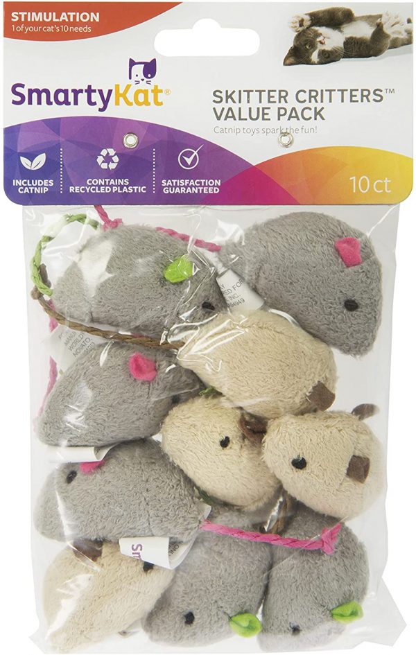 SmartyKat Skitter Critters Value Pack (Set of 10) Soft Plush Catnip Cat Toys, Mice Toys with String Tails, Filled with Pure & Potent Catnip - Image 3