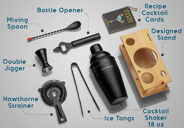 Mixology Bartender Kit with Stand | Black Bar Set Cocktail Shaker Set for Drink Mixing - Bar Tools: Martini Shaker, Jigger, Strainer, Bar Mixer Spoon, Tongs, Opener | Best Bartender Kit for Beginners - Image 4