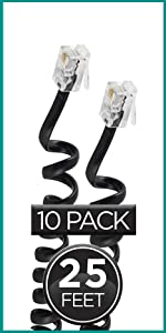 Telephone coiled cord black 12 ft 10 pack