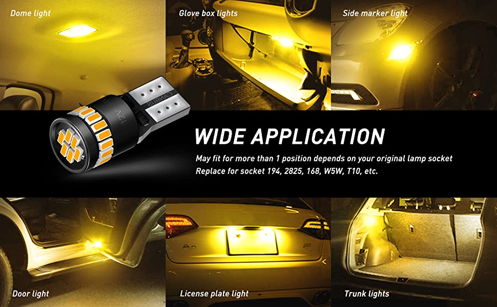 amber yellow 194 168 2825 w5w led bulbs dome light golve box light trunk light