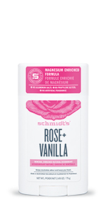 Schmidt's Deodorant Stick Rose + Vanilla offers odour protection.