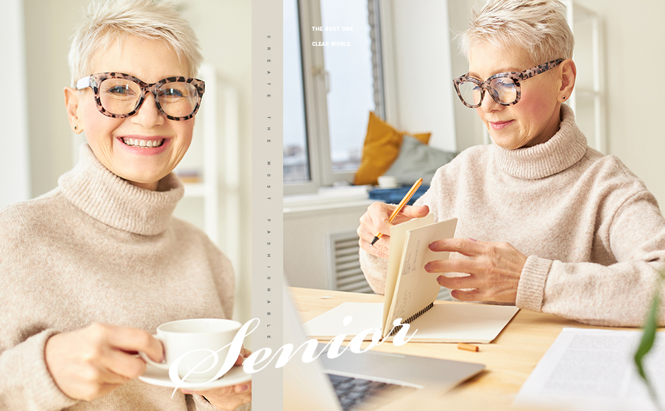 AMOMOMA reading glasses on model displaying