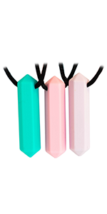 Crayon design, smooth surface, 3-pack silicone chewing necklace in turquoise, pink and purple.