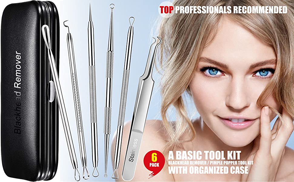 A basic tool kit Professional 6 Pack blackhead remover/pimple popper tool kit with organized case