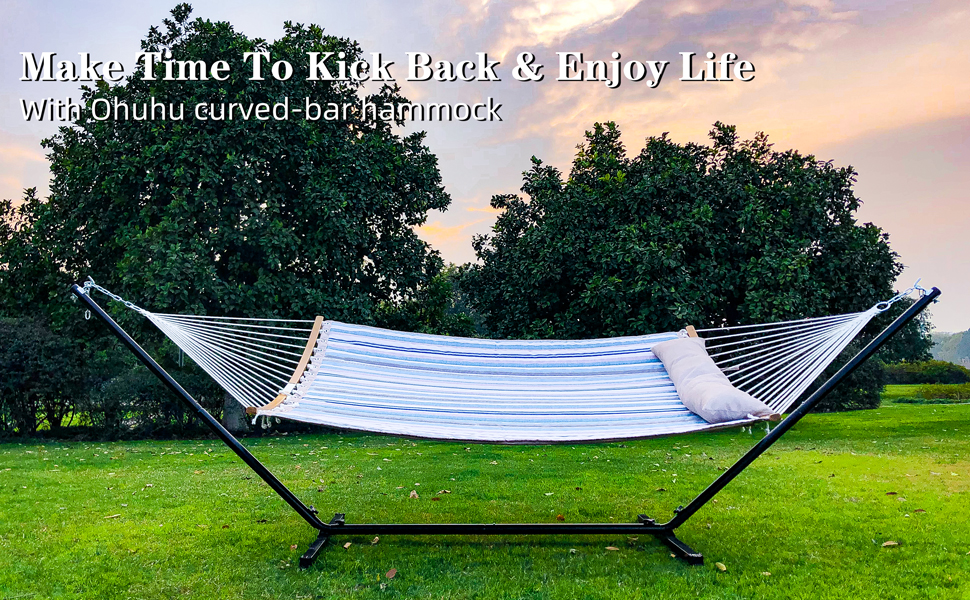 Ohuhu Double Hammock with Detachable Pillow Space-Saving Stand, 55x75 inch Curved-Bar