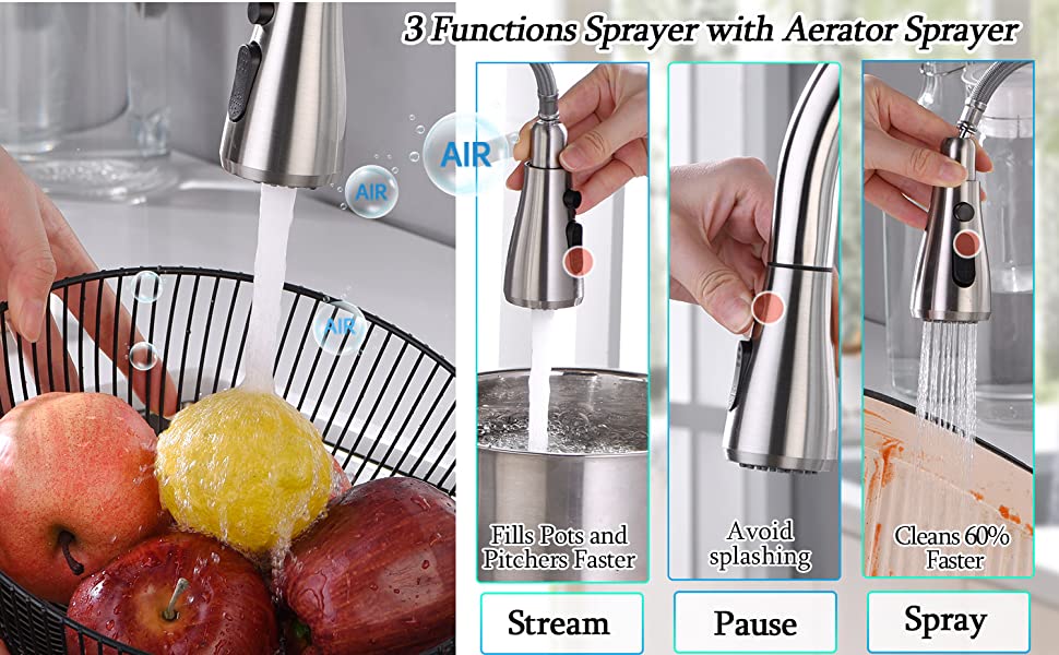 spray strram pause three functions sprayer head kitchen faucet